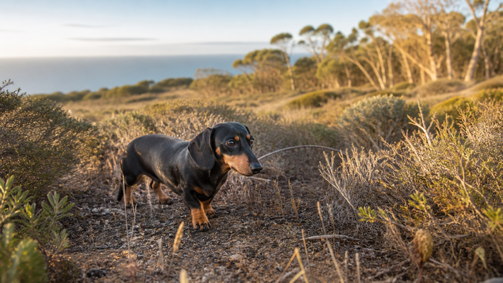 Dachshund miniatura preto e canela caminhando entre vegetação costeira de uma ilha australiana.