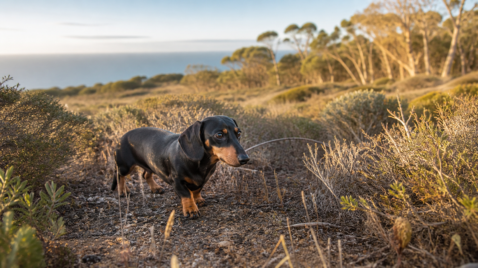 Dachshund miniatura preto e canela caminhando entre vegetação costeira de uma ilha australiana.